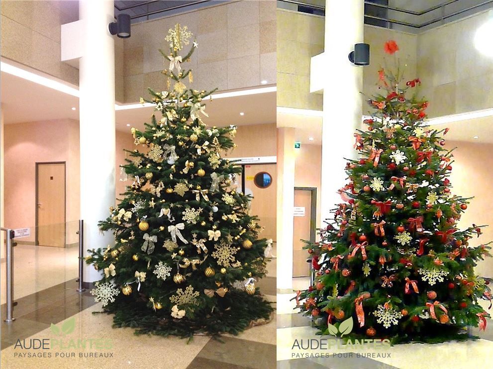 Deux grands sapins de Noël décorés or et rouge dans un hall d’entreprise